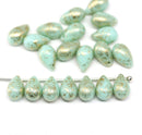 6x9mm Mint czech glass teardrop beads, golden flakes, 20pc