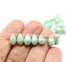 6x9mm Mint czech glass teardrop beads, golden flakes, 20pc