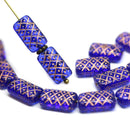 13x7mm Dark blue ornament rectangle pillows copper inlays, 15pc