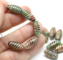 14x7mm Teal green long barrel czech glass beads copper wash, 15Pc