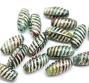 14x7mm Teal green long barrel czech glass beads silver wash, 15Pc