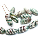 14x7mm Teal green long barrel czech glass beads silver wash, 15Pc
