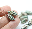 14x7mm Teal green long barrel czech glass beads silver wash, 15Pc