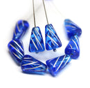 15x10mm Large cone blue czech glass beads, silver inlays, 8pc