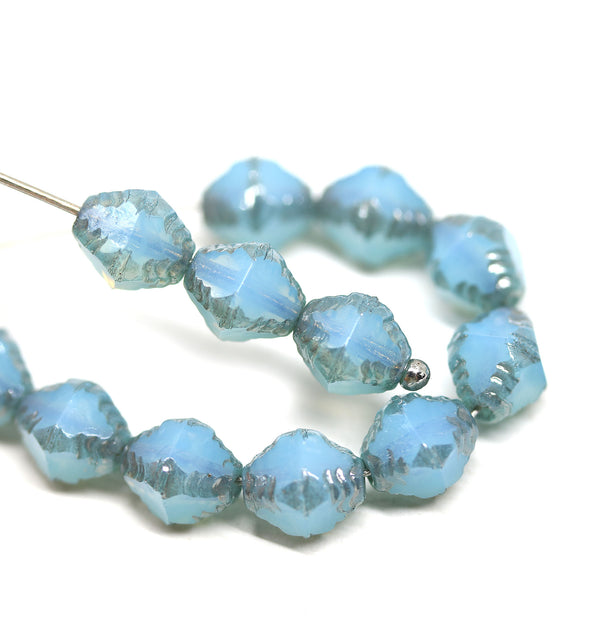 8x6mm Opal blue bicone czech glass beads with silver edges - 15Pc
