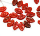 12x7mm Red opaque mixed color leaf Czech glass beads, 30pc