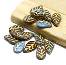 14x9mm Blue brown Czech glass leaves, gold wash, 15pc