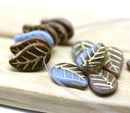 14x9mm Blue brown Czech glass leaves, gold wash, 15pc
