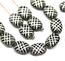 10x7mm Puffy oval black czech glass pressed beads, silver wash, 25pc