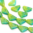 12x7mm Blue green triangle beads yellow ornament Czech glass, 25Pc