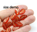 14x9mm Frosted orange Czech glass leaves, gold wash, 15pc