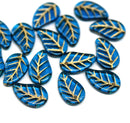 14x9mm Capri blue Czech glass leaves, gold wash, 15pc