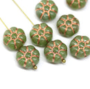 12mm Green puffy pansy flower czech glass, copper wash, 8pc