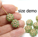 12mm Green puffy pansy flower czech glass, copper wash, 8pc