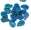 14x9mm Capri blue Czech glass leaves, luster, 15pc