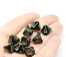 12x10mm Black bell flowers, golden wash, Czech glass beads - 10pc