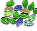 14x9mm Green vitrail Czech glass leaves, 15pc
