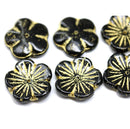 20mm Large black Czech glass flower beads gold wash, 6Pc