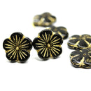 20mm Large black Czech glass flower beads gold wash, 6Pc