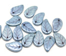 14x9mm Light montana blue Czech glass leaves, luster, 15pc