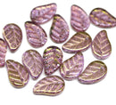 14x9mm Purple Czech glass leaves, goldish luster, 15pc