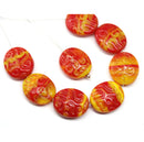 17x14mm Yellow red flat oval wavy czech glass beads, 6Pc