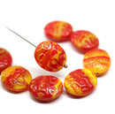 17x14mm Yellow red flat oval wavy czech glass beads, 6Pc