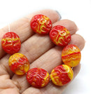 17x14mm Yellow red flat oval wavy czech glass beads, 6Pc
