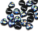 8mm Black heart Czech glass pressed beads, AB ornament, 20Pc