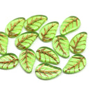 14x9mm Light green Czech glass leaves, copper inlays, 15pc