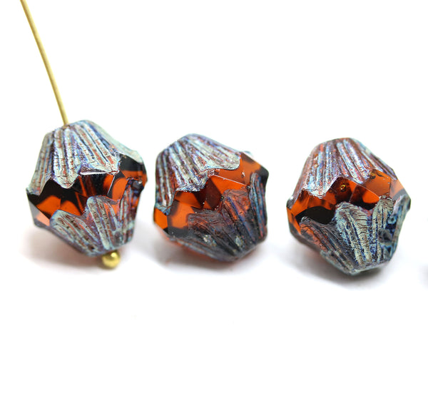 13x11mm Dark topaz Czech glass large baroque bicones, picasso finish, 4Pc