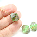 13x11mm Antique green Czech glass large baroque bicones, picasso finish, 4Pc