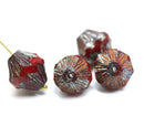 13x11mm Opaque red Czech glass large baroque bicones, picasso finish, 4Pc