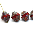 13x11mm Opaque red Czech glass large baroque bicones, picasso finish, 4Pc