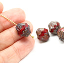 13x11mm Opaque red Czech glass large baroque bicones, picasso finish, 4Pc