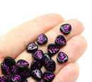 9mm Black heart shaped triangle leaf czech glass, pink inlays, 30pc