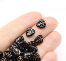 9mm Black heart shaped triangle leaf czech glass, copper inlays, 30pc