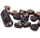 9mm Black heart shaped triangle leaf czech glass, copper inlays, 30pc
