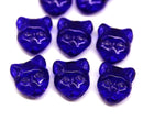 Dark blue cat head beads, Czech glass feline beads, 8pc