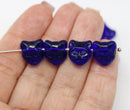 Dark blue cat head beads, Czech glass feline beads, 8pc