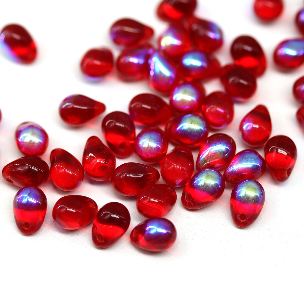 5x7mm Small red teardrops, czech glass beads, AB finish, 50pc