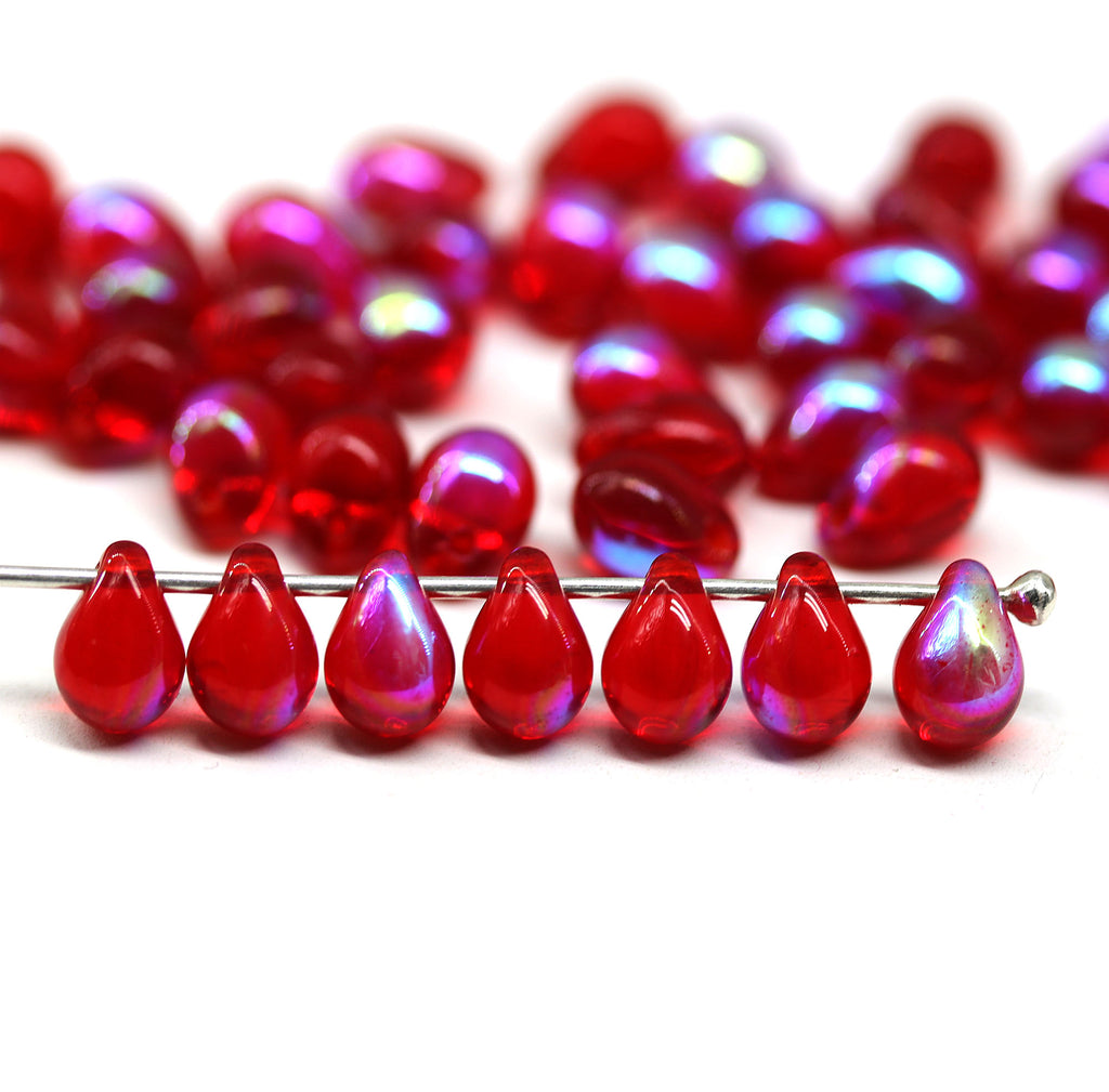 5x7mm Small red teardrops, czech glass beads, AB finish, 50pc