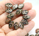 12x7mm Dark green leaf czech glass beads, copper wash, 30pc
