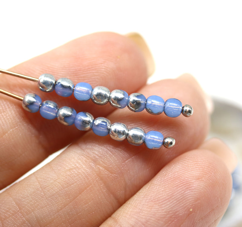 3mm Periwinkle blue silver beads Czech glass small druk spacers, 8g