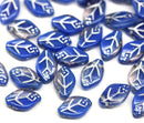 12x7mm Blue leaf czech glass beads, silver wash, 30pc