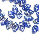 12x7mm Blue leaf czech glass beads, silver wash, 30pc