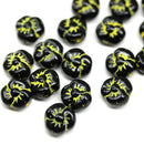 9mm Black flower czech glass yellow wash three petal daisy, 20Pc