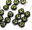 9mm Black flower czech glass yellow wash three petal daisy, 20Pc