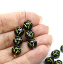 9mm Black flower czech glass yellow wash three petal daisy, 20Pc