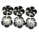 20mm Large black Czech glass flower beads silver wash, 6Pc